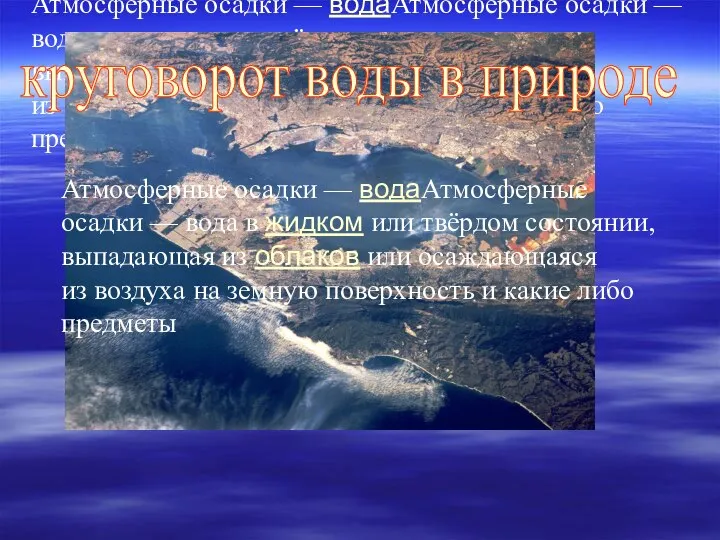 Атмосферные осадки — водаАтмосферные осадки — вода в жидком или твёрдом