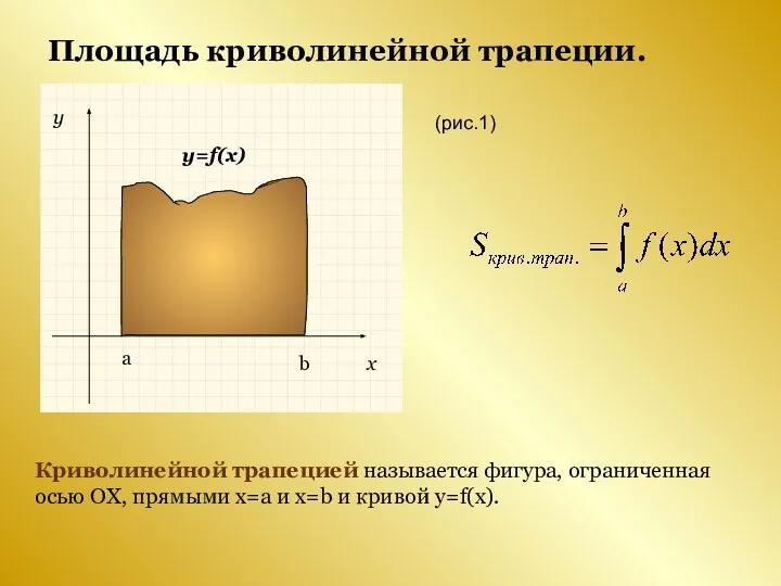 Площадь криволинейной трапеции. Криволинейной трапецией называется фигура, ограниченная осью ОХ, прямыми