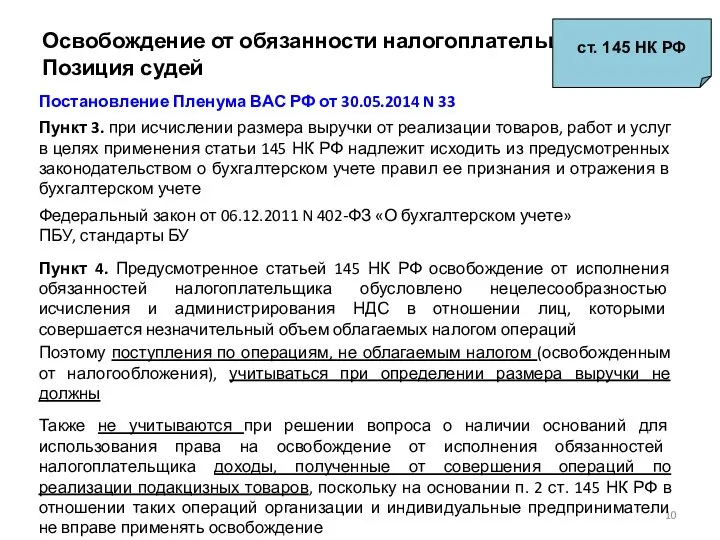 Освобождение от обязанности налогоплательщика Позиция судей ст. 145 НК РФ Постановление