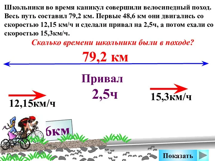 48,6км Школьники во время каникул совершили велосипедный поход. Весь путь составил