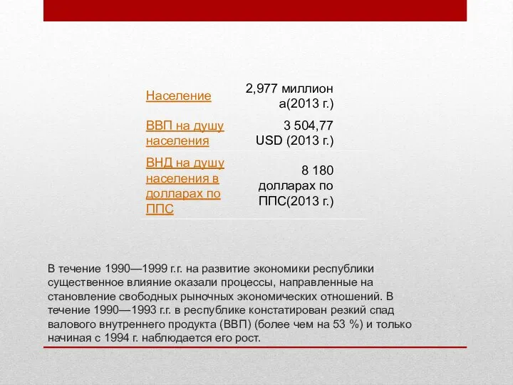 В течение 1990—1999 г.г. на развитие экономики республики существенное влияние оказали