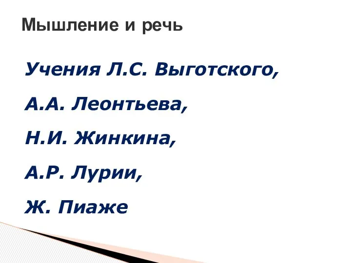 Учения Л.С. Выготского, А.А. Леонтьева, Н.И. Жинкина, А.Р. Лурии, Ж. Пиаже Мышление и речь