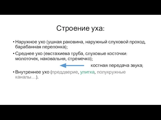 Строение уха: Наружное ухо (ушная раковина, наружный слуховой проход, барабанная перепонка);