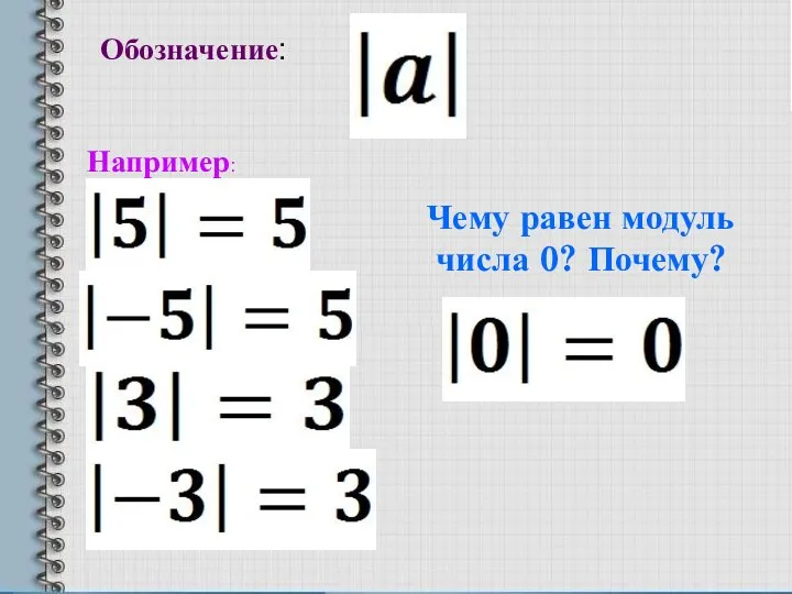 Обозначение: Например: Чему равен модуль числа 0? Почему?