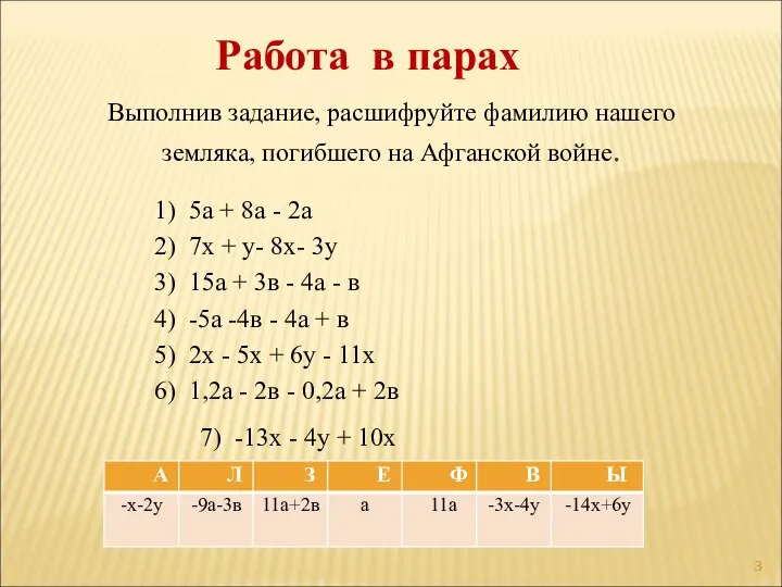 Работа в парах Выполнив задание, расшифруйте фамилию нашего земляка, погибшего на