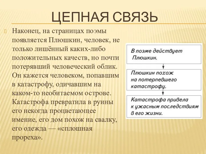 ЦЕПНАЯ СВЯЗЬ Наконец, на страницах поэмы появляется Плюшкин, человек, не только