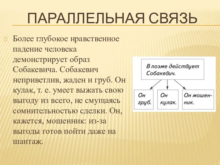 ПАРАЛЛЕЛЬНАЯ СВЯЗЬ Более глубокое нравственное падение человека демонстрирует образ Собакевича. Собакевич