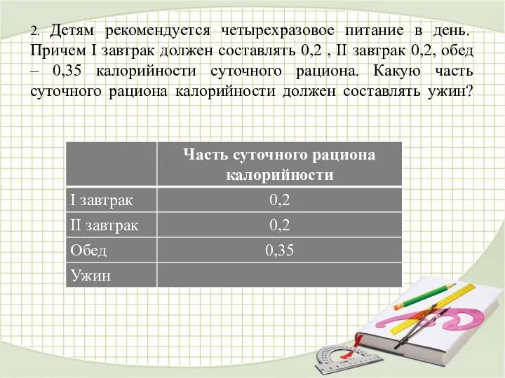 2. Детям рекомендуется четырехразовое питание в день. Причем I завтрак должен