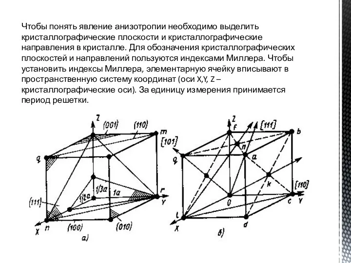 Чтобы понять явление анизотропии необходимо выделить кристаллографические плоскости и кристаллографические направления