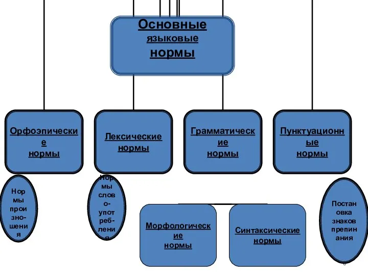 Нормы произно- шения Нормы слово- употреб- ления Постановка знаков препинания