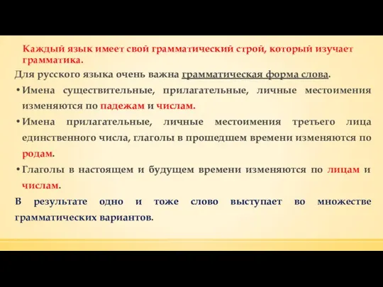 Каждый язык имеет свой грамматический строй, который изучает грамматика. Для русского