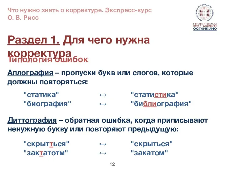 Раздел 1. Для чего нужна корректура Типология ошибок Аплография – пропуски