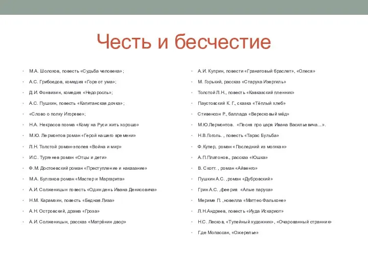 Честь и бесчестие М.А. Шолохов, повесть «Судьба человека»; А.С. Грибоедов, комедия