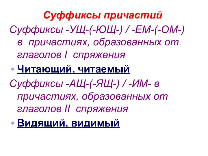 Суффиксы причастий Суффиксы -УЩ-(-ЮЩ-) / -ЕМ-(-ОМ-) в причастиях, образованных от глаголов