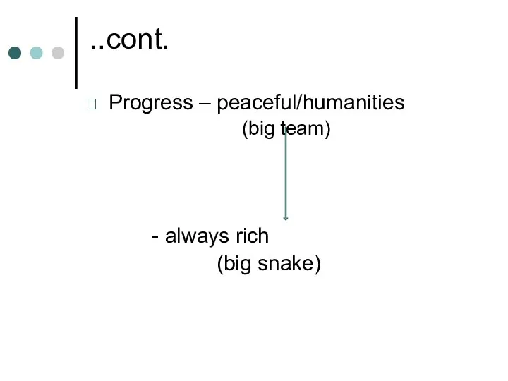 ..cont. Progress – peaceful/humanities (big team) - always rich (big snake)