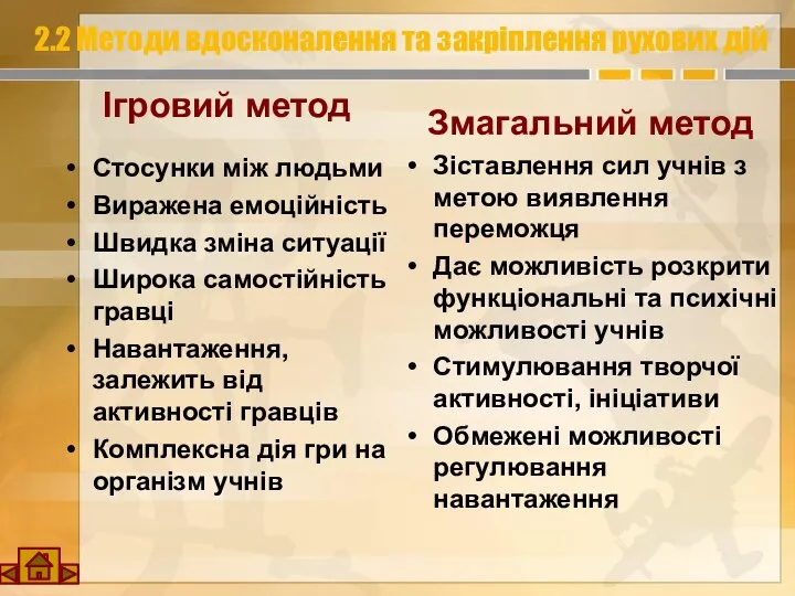 2.2 Методи вдосконалення та закріплення рухових дій Ігровий метод Стосунки між