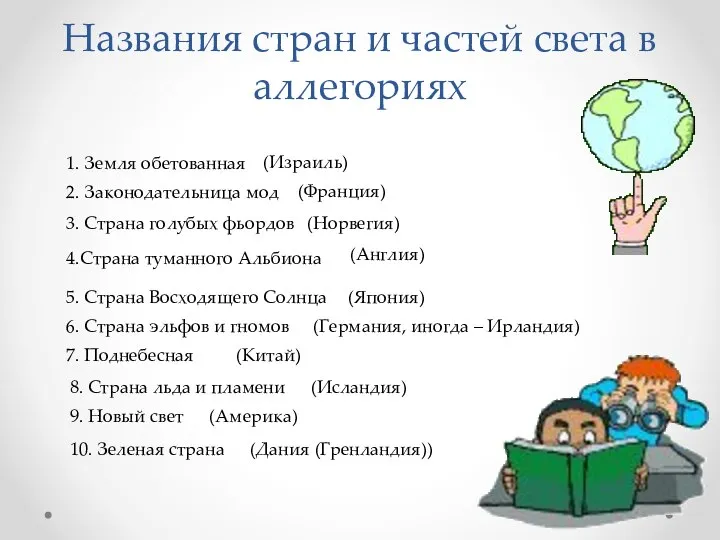 Названия стран и частей света в аллегориях 1. Земля обетованная (Израиль)