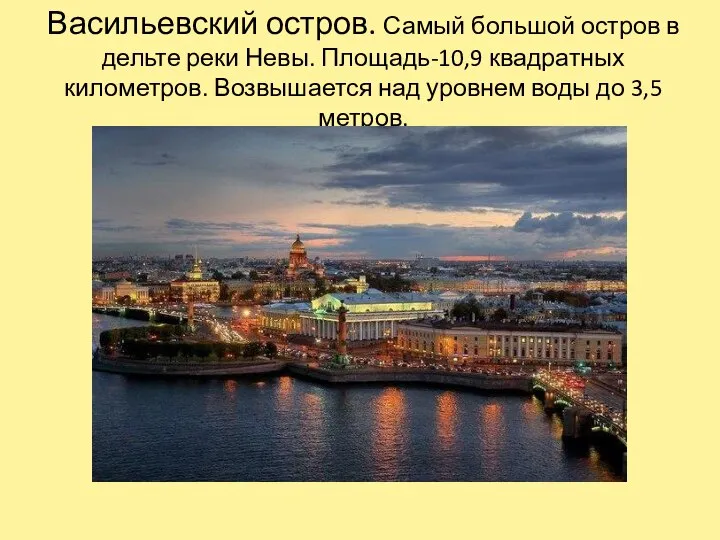 Васильевский остров. Самый большой остров в дельте реки Невы. Площадь-10,9 квадратных