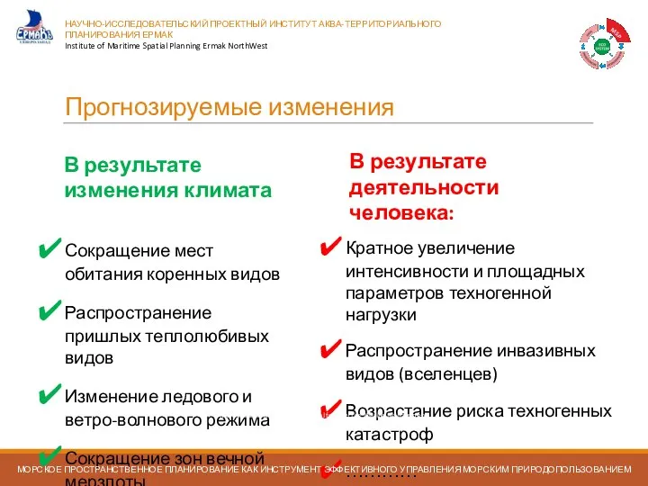 Прогнозируемые изменения Сокращение мест обитания коренных видов Распространение пришлых теплолюбивых видов