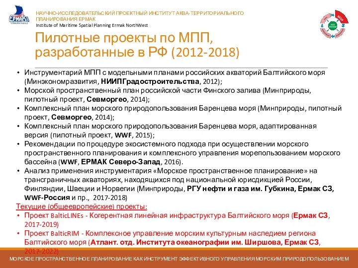 Пилотные проекты по МПП, разработанные в РФ (2012-2018) Морское пространственное планирование