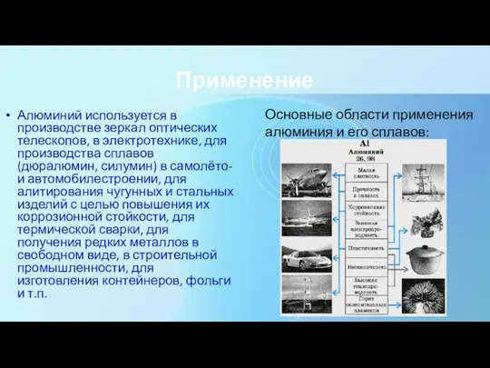 Применение Алюминий используется в производстве зеркал оптических телескопов, в электротехнике, для