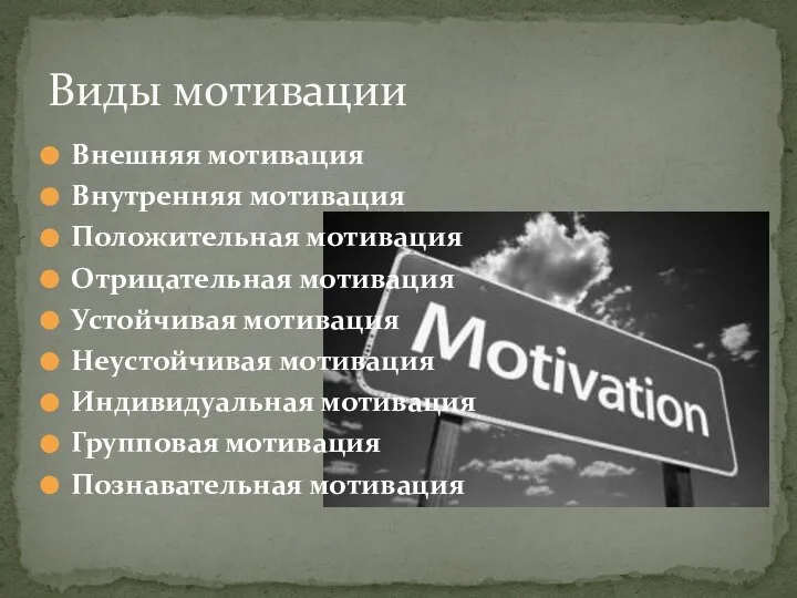 Внешняя мотивация Внутренняя мотивация Положительная мотивация Отрицательная мотивация Устойчивая мотивация Неустойчивая