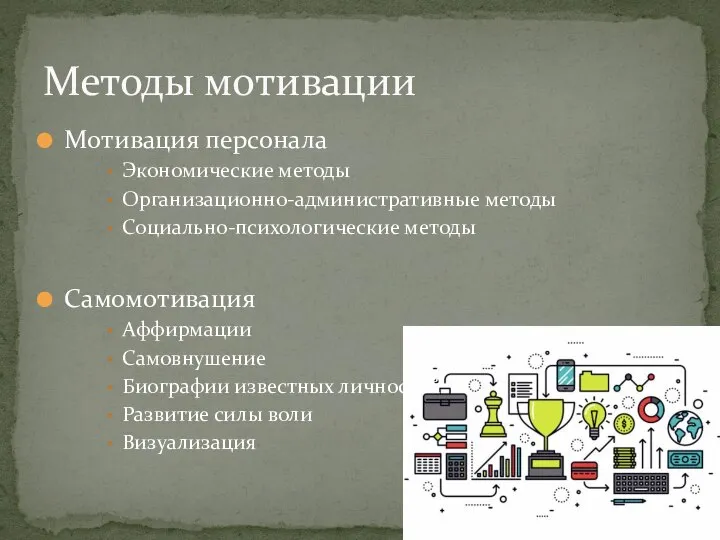 Мотивация персонала Экономические методы Организационно-административные методы Социально-психологические методы Самомотивация Аффирмации Самовнушение