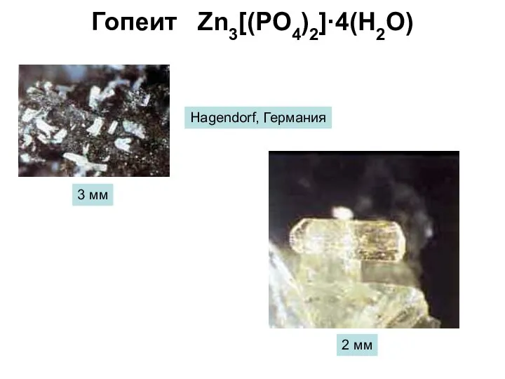 Гопеит Zn3[(PO4)2]·4(H2O) 3 мм 2 мм Hagendorf, Германия