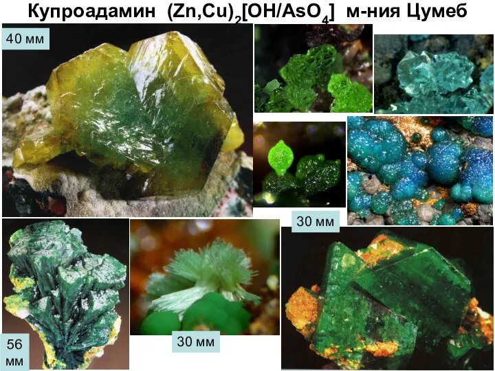 Купроадамин (Zn,Cu)2[OH/AsO4] м-ния Цумеб 30 мм 56 мм 30 мм 40 мм