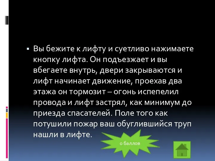 Вы бежите к лифту и суетливо нажимаете кнопку лифта. Он подъезжает