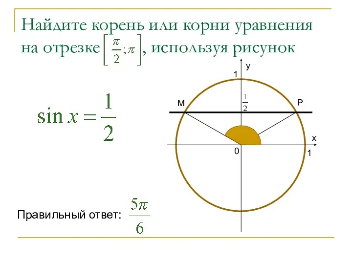 Найдите корень или корни уравнения на отрезке , используя рисунок Р М Правильный ответ: