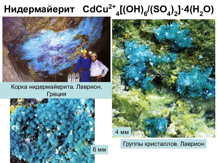 Нидермайерит CdCu2+4[(OH)6/(SO4)2]·4(H2O) Корка нидермайерита. Лаврион, Греция 6 мм 4 мм Группы кристаллов. Лаврион