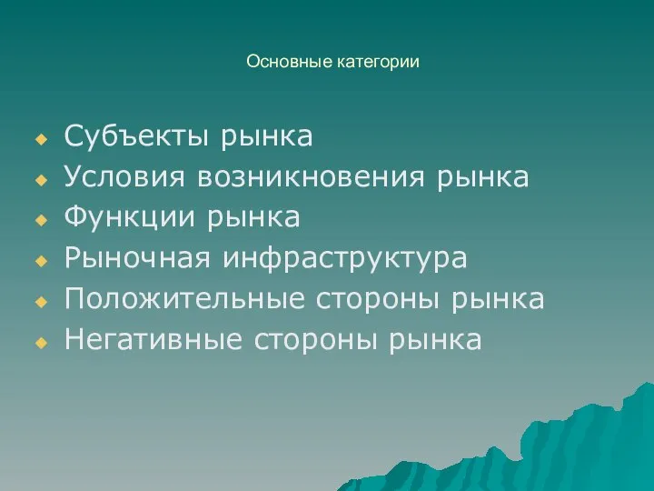 Основные категории Субъекты рынка Условия возникновения рынка Функции рынка Рыночная инфраструктура