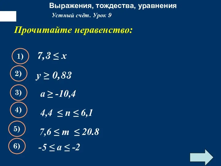 Выражения, тождества, уравнения Прочитайте неравенство: 7,3 ≤ х Устный счёт. Урок