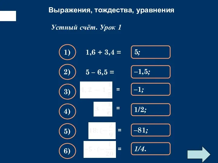 Выражения, тождества, уравнения Упростите выражение: 1,6 + 3,4 = Устный счёт.