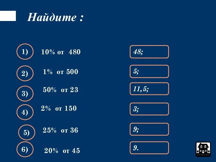 10% от 480 Найдите : 48; 1) 5; 2) 11,5; 3)