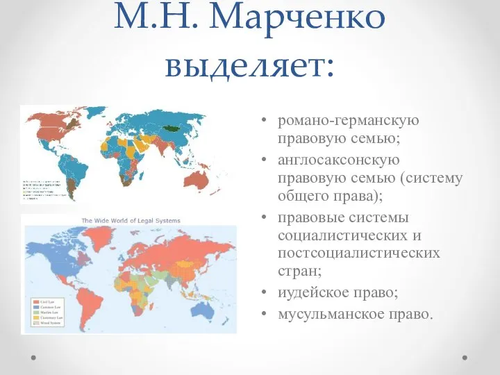 М.Н. Марченко выделяет: романо-германскую правовую семью; англосаксонскую правовую семью (систему общего