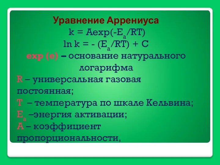 Уравнение Аррениуса k = Aexp(-Ea/RT) ln k = - (Ea/RT) +