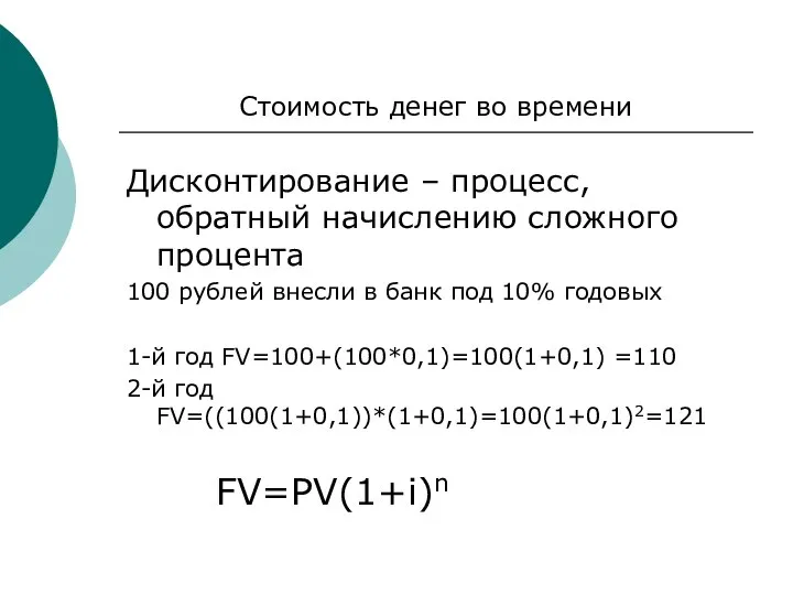 Стоимость денег во времени Дисконтирование – процесс, обратный начислению сложного процента