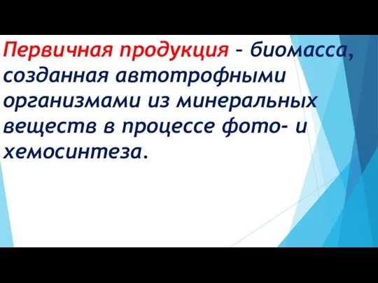 Первичная продукция – биомасса, созданная автотрофными организмами из минеральных веществ в процессе фото- и хемосинтеза.