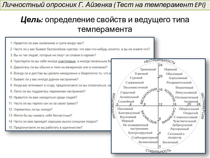 Цель: определение свойств и ведущего типа темперамента Личностный опросник Г. Айзенка (Тест на темперамент EPI)