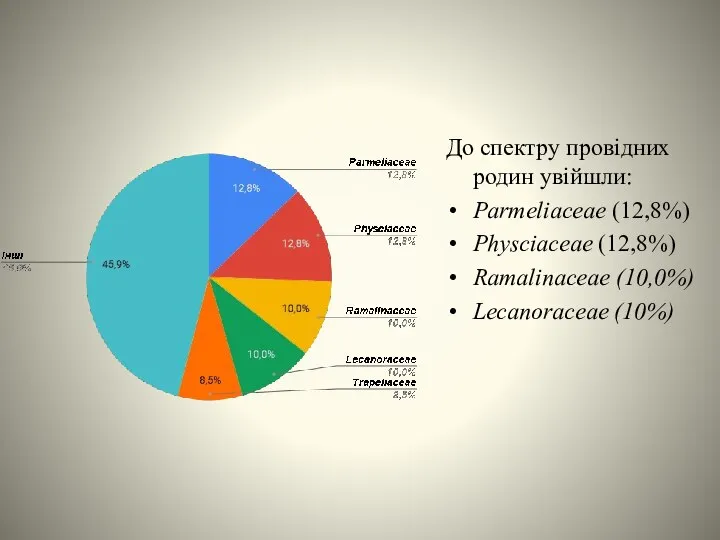 До спектру провідних родин увійшли: Parmeliaceae (12,8%) Physciaceae (12,8%) Ramalinaceae (10,0%) Lecanoraceae (10%)