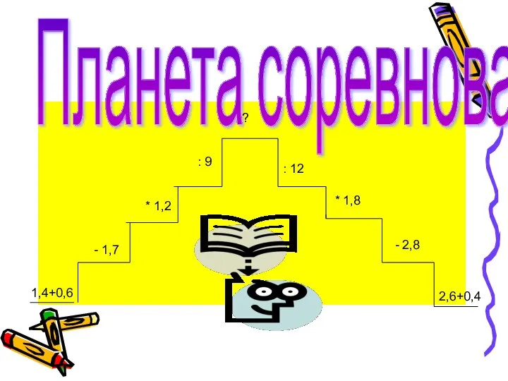 Планета соревнований 1,4+0,6 - 1,7 * 1,2 : 9 ? 2,6+0,4