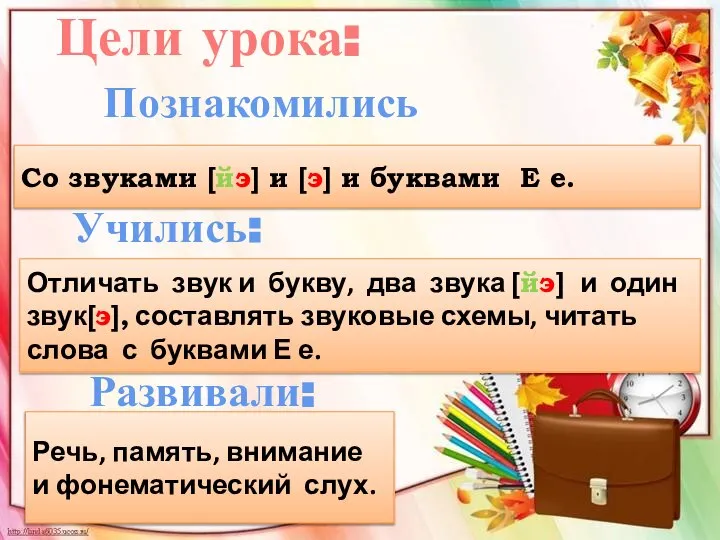 Цели урока: Познакомились Со звуками [йэ] и [э] и буквами Е