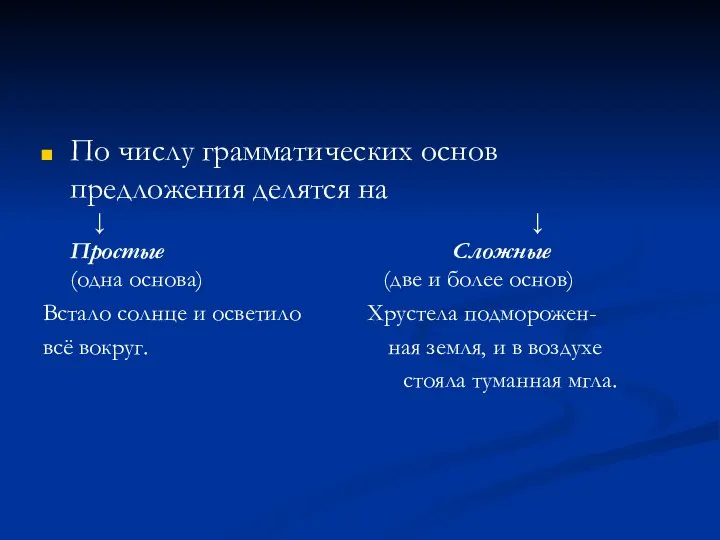 По числу грамматических основ предложения делятся на ↓ ↓ Простые Сложные