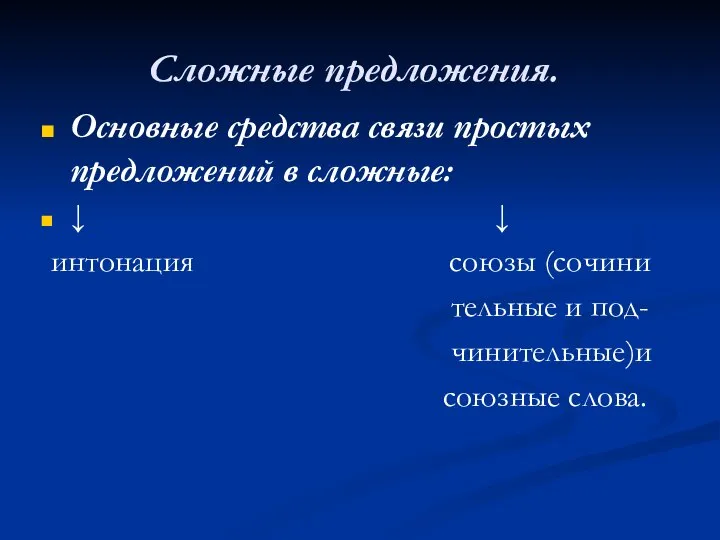 Сложные предложения. Основные средства связи простых предложений в сложные: ↓ ↓