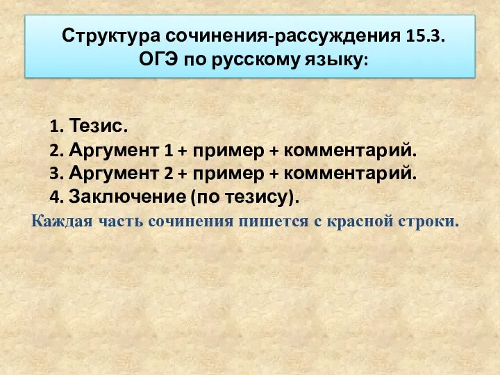 Структура сочинения-рассуждения 15.3. ОГЭ по русскому языку: 1. Тезис. 2. Аргумент