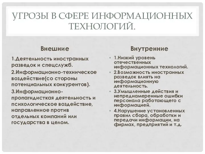 УГРОЗЫ В СФЕРЕ ИНФОРМАЦИОННЫХ ТЕХНОЛОГИЙ. Внешние 1.Деятельность иностранных разведок и спецслужб.