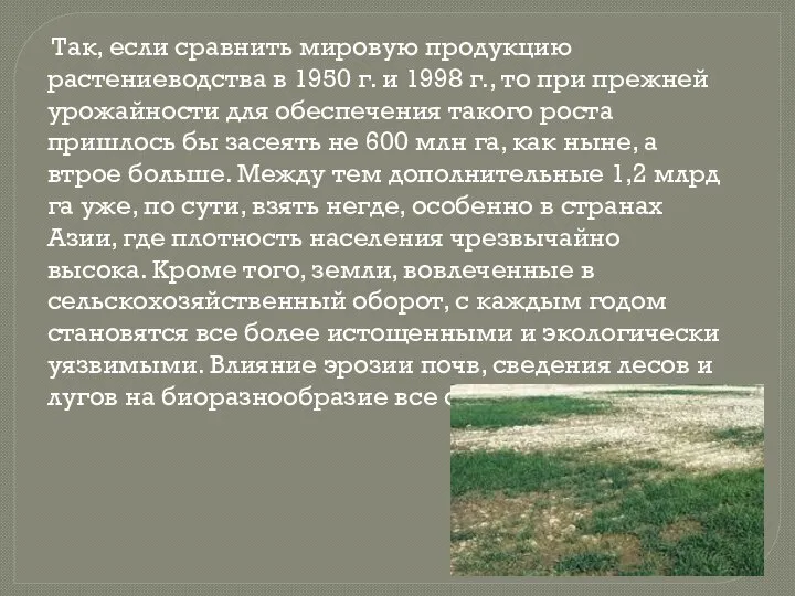 Так, если сравнить мировую продукцию растениеводства в 1950 г. и 1998