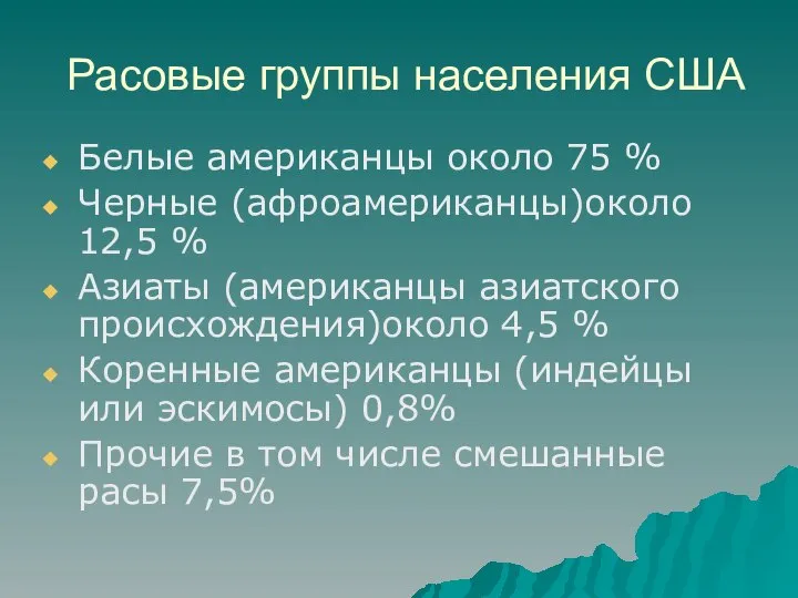 Расовые группы населения США Белые американцы около 75 % Черные (афроамериканцы)около